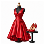 A red dress and red shoes on display
