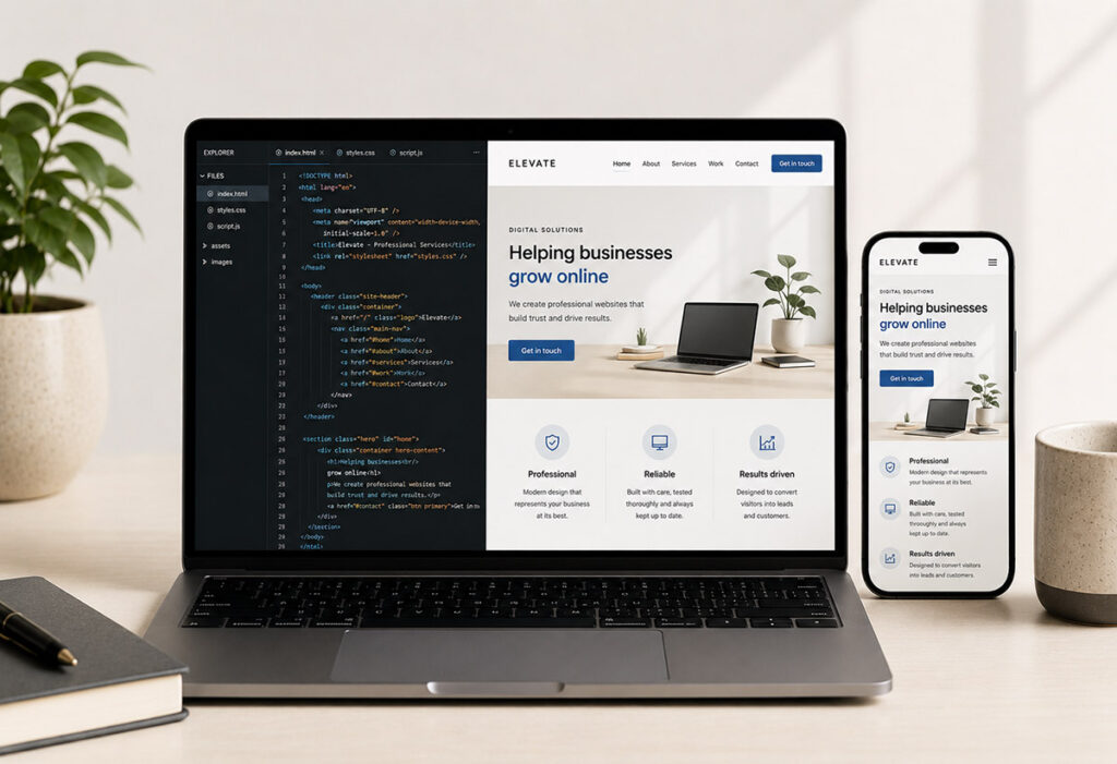 Website work - codeview on the left, website preview on the right